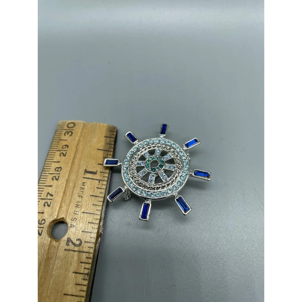 Monet Vintage Ships‎ Wheel Brooch Silver Tone Blue Teal Rhinestone Nautical Pin